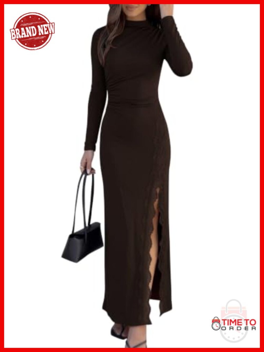 Women Long Sleeve Ruched Maxi Dress Lace Slit Cocktail Wedding Guest